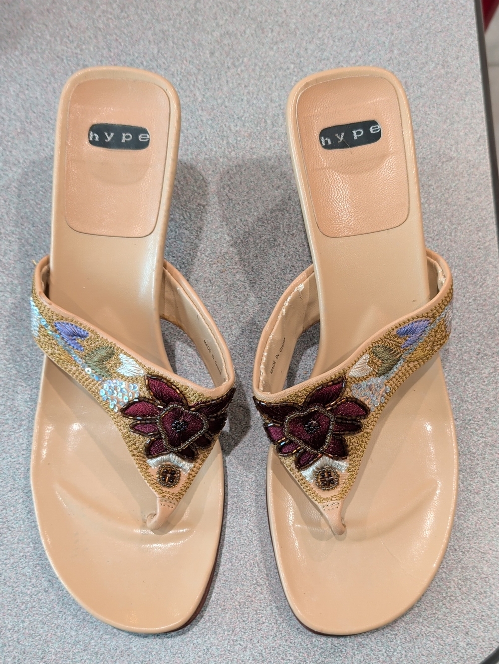 Hype Beige Embroidered Floral Thong Mules
